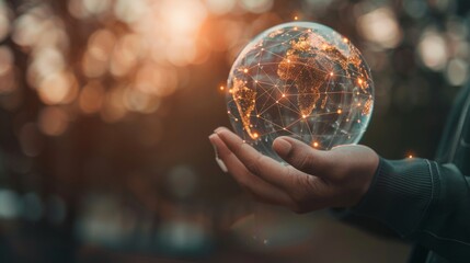 Poster - A professional holds a transparent globe filled with interconnected digital lines and nodes, symbolizing global business connections, in a serene outdoor setting at sunset