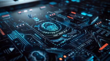 Poster - A high-tech security interface showcases biometric authentication and digital encryption on a modern screen, illustrating advanced technology in cybersecurity