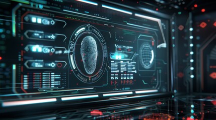 Poster - The sleek interface showcases biometric authentication, featuring a fingerprint scan and advanced digital encryption technology in a modern environment