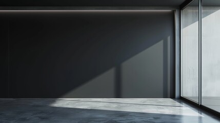 Poster - A spacious minimalist room showcases a sleek black wall and an empty area illuminated by natural light streaming through large windows