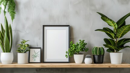 Poster - A sleek modern living area showcases a wooden shelf adorned with potted plants and a minimalist frame, creating a fresh and inviting atmosphere
