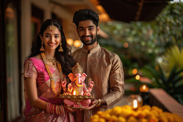 Wall Mural - Young indian couple holding lord ganesha sculpture. celebrating lord ganesha festival.