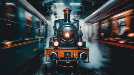 Poster - Vintage Steam Train In Motion With Blurred City Lights Creating A Dynamic Urban Background