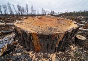 Wall Mural - A close up of a large tree stump in a deforested area, with the surrounding ground covered in sawdust and smaller stumps