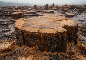 Wall Mural - A close up of a large tree stump in a deforested area, with the surrounding ground covered in sawdust and smaller stumps