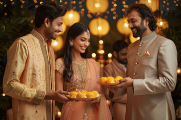 Wall Mural - indian man and women in party dress, with one indian woman holding plate of laddu food , smiling at each other,