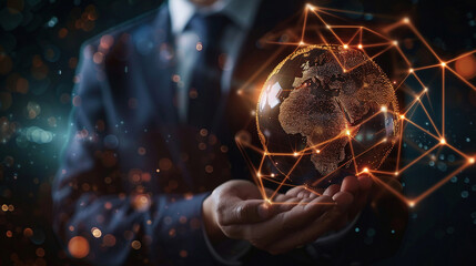 Poster - Business technology concept. Businessman touching a digital hologram of the globe and global network connection. Futuristic business technology and global connection. Business background