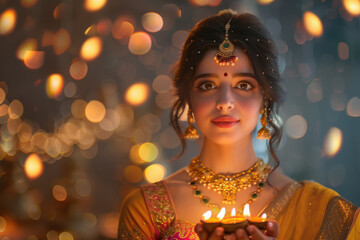 Sticker - young indian woman holding oil lamp on diwali festival