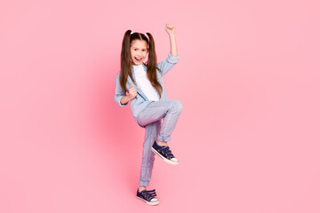 Poster - Full size photo of overjoyed small girl with ponytails dressed denim shirt raising fists up scream yeah isolated on pink color background