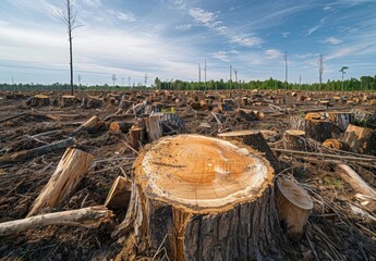 Wall Mural - A vast expanse of clear cut forest with countless tree stumps scattered across the barren landscape