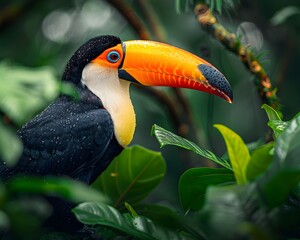 Sticker - Vibrant Toucan Perched in Lush Tropical Rainforest Scenery