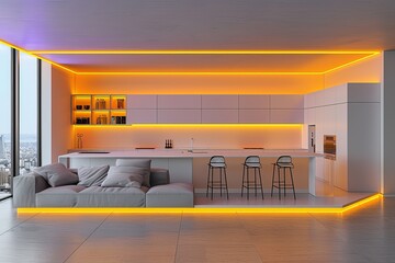 Wall Mural - minimalist white living room with orange ambient lighting showcasing contemporary interior design an