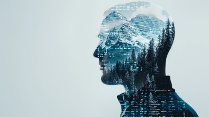 Futuristic double exposure of a programmer, combining digital interface visuals with a picturesque nature landscape of mountains and forests