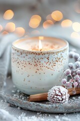 Wall Mural - Warm Cozy Vibes Candle with Cinnamon and Frosted Berries in Winter Ambiance with Bokeh Lights