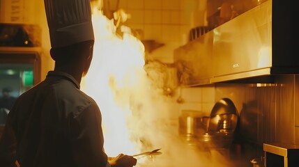 Wall Mural - a chef in a white toque cooks a meal with a fiery flame in the background.