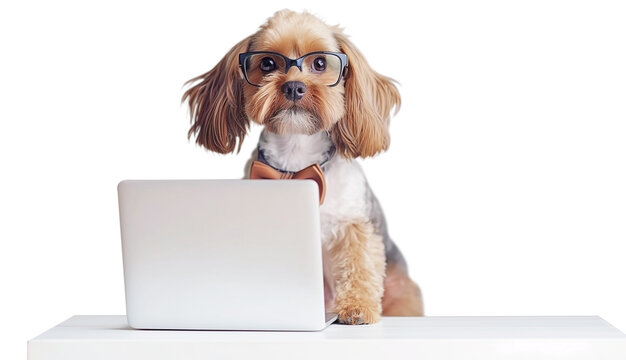 Fototapete -  - cute puppy sporting a bow tie and using computer or labtop funny pet concept isolate on white background