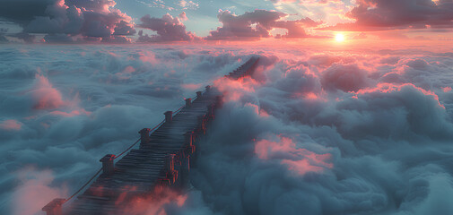 photo manipulation of a pier bridge above the clouds in landscape view