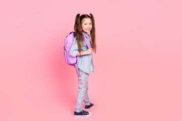 Canvas Print - Full size photo of lovely positive smart small girl dressed shirt hold rucksack on shoulder go to school isolated on pink color background