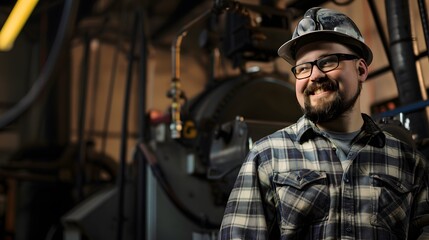 Smiling man in a factory wearing a hard hat.