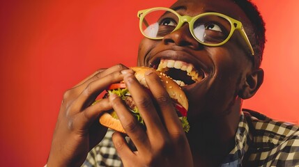 A young man in green glasses enjoys a big juicy burger.