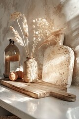 Wall Mural - Rustic Sunrise Kitchen Scene with Vase, Dry Flowers, Eggs and Cutting Board