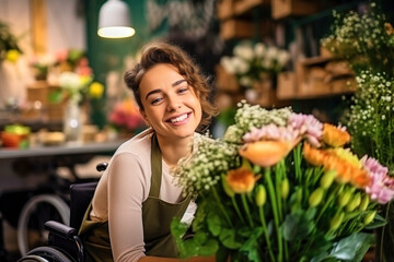 Contented satisfied cheerful happy disabled young woman florist wearing apron sitting in wheelchair working in flower shop