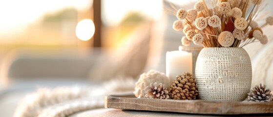 Wall Mural - Cozy Autumn Decoration with Candle and Pinecones in Soft Afternoon Light