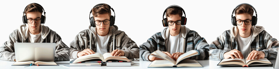 set of a student attending an online lecture with headphones,  Student Concentrating on Online Lecture with Headphones, Student Wearing Headphones During Virtual Lecture, on a transparent backgrounds