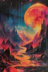 Wall Mural - Futuristic Alien Landscape with Glowing Red Planet and Neon Mountains Under a Starry Sky
