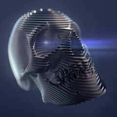 Fototapete - Dark glossy skull composed of a pattern of stripes and illuminated by bright flashes of light. 3d rendering illustration