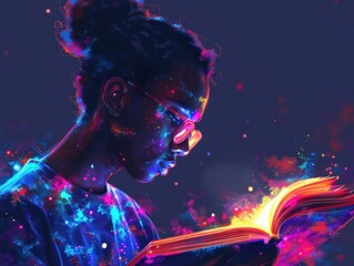 Wall Mural - Vibrant Digital Art of a Person Reading a Glowing Book with Neon Colors and Cosmic Effects