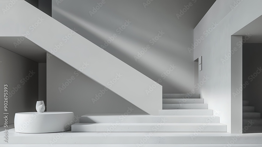 Modern minimalist interior with white geometric stairs and ambient ...