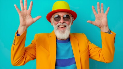 Wall Mural - A man in a yellow suit and red hat is smiling and waving. He is wearing sunglasses and has a beard