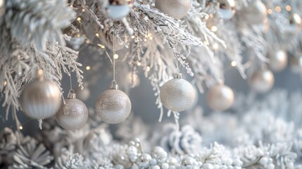 Wall Mural - winter wonderland decor, a stunning white christmas banner with intricate ice crystals, sparkling garlands, and silver ornaments for a classic and elegant touch