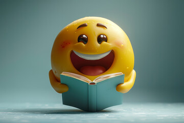 Joyful emoji reading a book, expressing happiness.