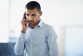 Aufkleber - Communication, businessman and phone call in office as employee, creative and project manager. Male person, serious and technology in financial agency in working, consulting and networking at company