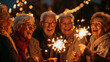 © StokHunt - happy elderly people celebrating the New Year at home at a party. Friends hold sparklers in their hands and laugh merrily at Christmas