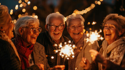 happy elderly people celebrating the new year at home at a party. friends hold sparklers in their ha