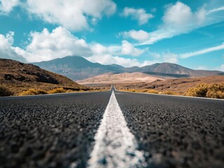 Wall Mural - A perspective view of a long road stretching into the distance, leading towards majestic mountains under a bright blue sky, symbolizing adventure and exploration.