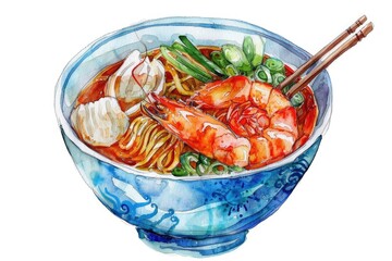 Delicious Seafood Ramen with Fresh Vegetables. Traditional Asian Dish Hand-Painted in Watercolors