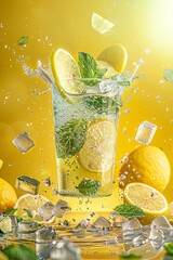 Canvas Print - A glass of lemonade with ice cubes and mint leaves