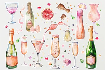 Poster - A collection of colorful watercolor drawings of various drinks and glasses