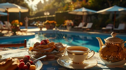 Wall Mural - A table with a teapot, a cup, and a plate of food