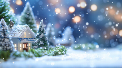 Wall Mural - christmas house in winter snowy forest. xmas banner and poster. snow-covered miniature house with wa