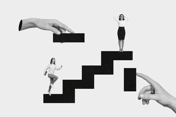 Wall Mural - Composite collage image of black white two businesswoman climb career ladder geometric figures unusual fantasy billboard comics zine