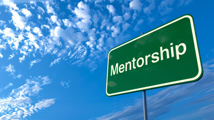 Poster - Mentorship ahead: a green road sign under a blue sky with clouds
