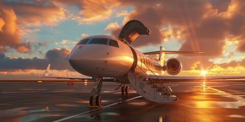 Private Jet on the Runway at Sunset