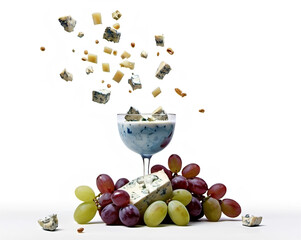 Canvas Print - Blue cheese and green/ red grapes on white background.