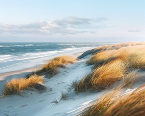 Poster - Serene Coastal Dune Landscape with Distant Ocean View and Sparse Vegetation