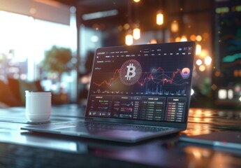 Poster - A laptop displaying a digital cryptocurrency chart with the Bitcoin logo on a blurred office background.